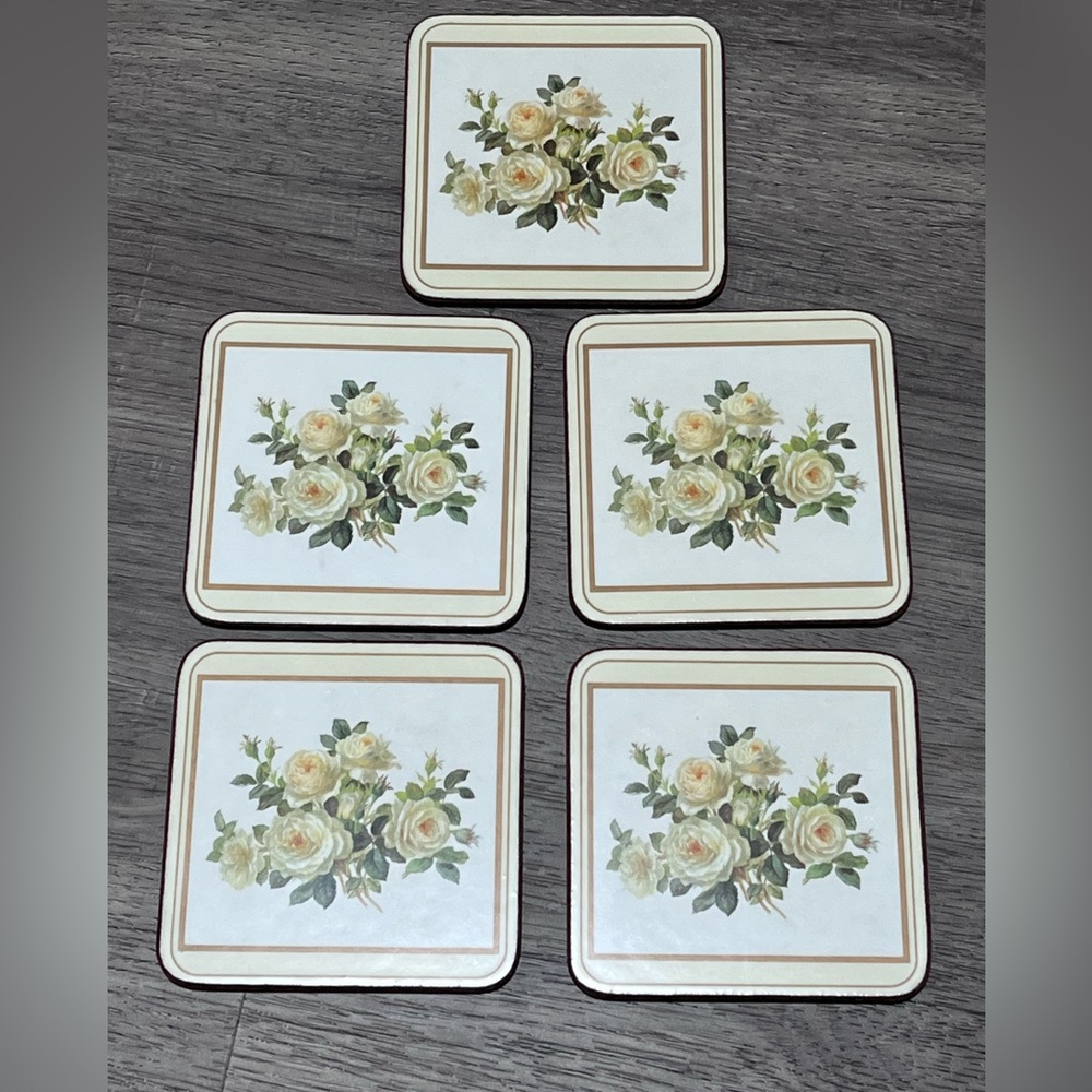 Vintage Pimpernel Coasters English Rose Motif Moisture Proof Cork Back Set of 5 - Picture 3 of 16